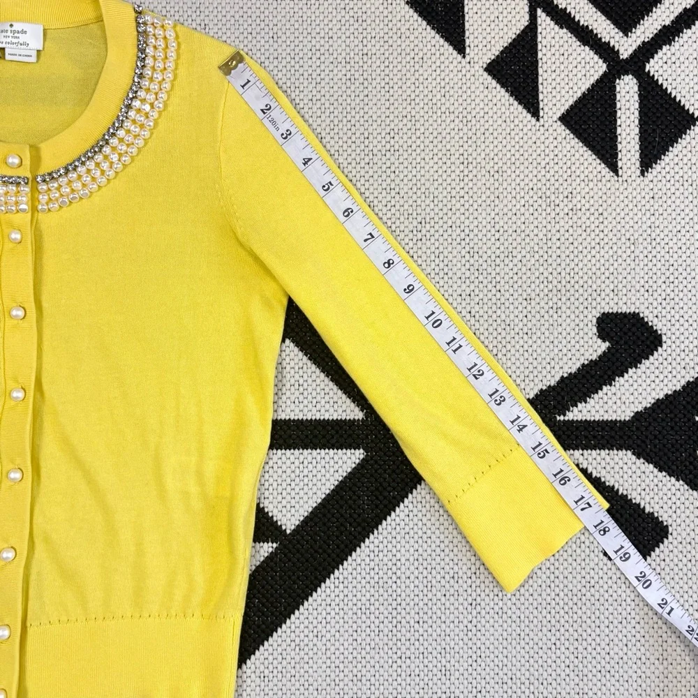 Kate Spade Tula Beaded Pearl & Rhinestone Cardigan in Lemon Yellow XS